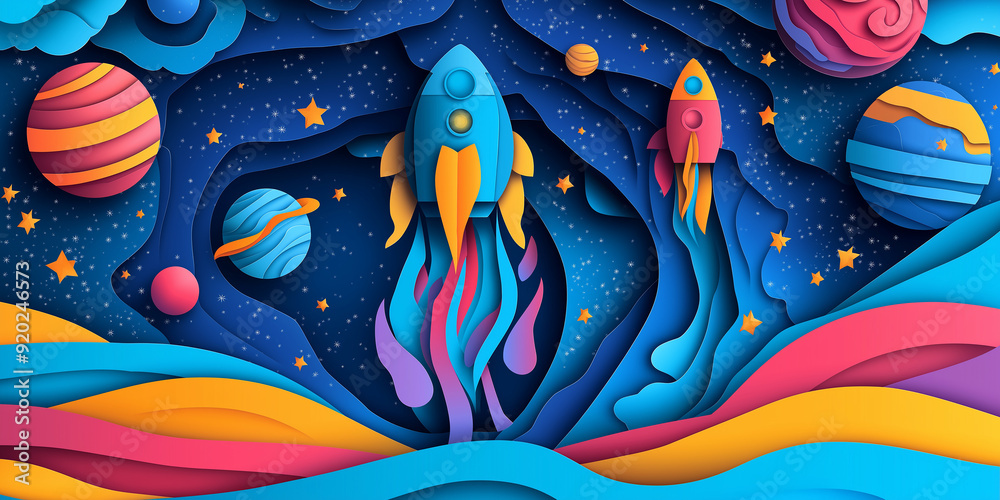 Aufkleber Paper cut style rockets launching from colorful abstract planet surface