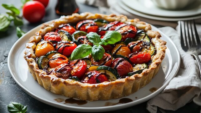 A delicious vegetable tart topped with fresh basil and colorful roasted tomatoes, perfect for any gourmet meal or gathering.