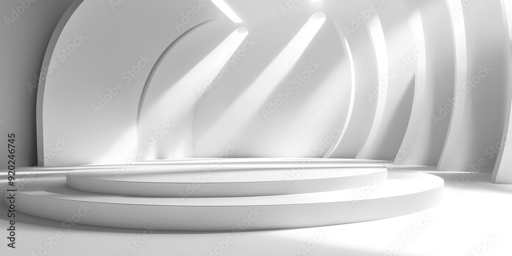 Aufkleber minimal white round stage podium illuminating empty room with sunlight from arched windows