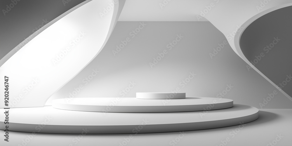 Aufkleber minimalist white round podium displaying products on empty room with futuristic wall design