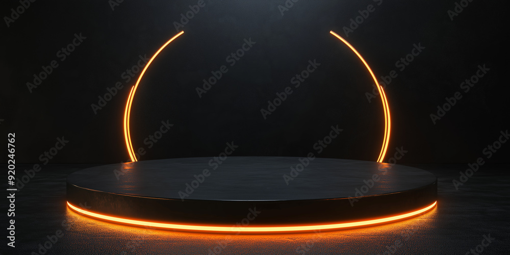 Poster empty round showcase illuminating by orange neon light in dark studio room