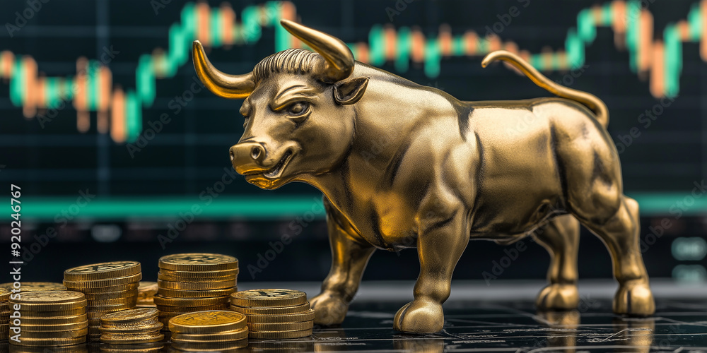 Poster golden bull standing near stacks of gold coins on a blurred background with graphs