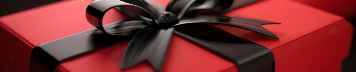 Close-up of a red gift box with a black ribbon.