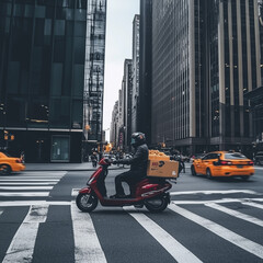  A food delivery scooter weaving through city streets 