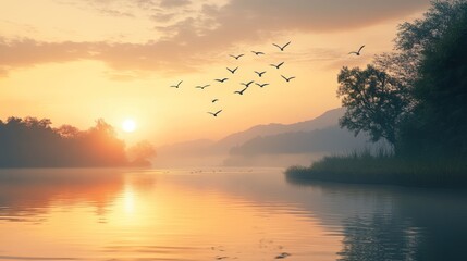 Sunrise Over a Misty Lake