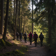 Fototapeta premium A group of hikers walking along a forest trail