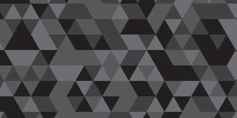 Abstract geometric black and gray background seamless mosaic and low polygon triangle texture wallpaper. Triangle shape retro wall grid pattern geometric ornament tile vector square element.