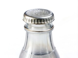 Small clear miniature plastic soda bottle with a silver cap and ridged label, isolated on a white background, with soft focus and shallow depth of field.