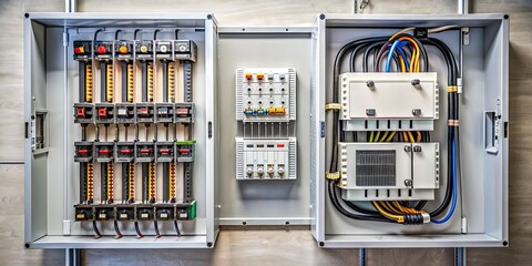 Main electrical breaker box with switches and fuses controlling power distribution in a modern residential home's electrical system, with a clean and organized interior.