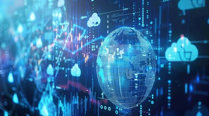 Fototapeta premium Global Digital Currency Exchange - Globe Infused with Data Points and Cloud Symbols