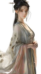 Adorable 3D game character of a beautiful woman in traditional Hanfu, featuring her Asian heritage against a white background. This charming design embodies the spirit of cultural richness, making it 