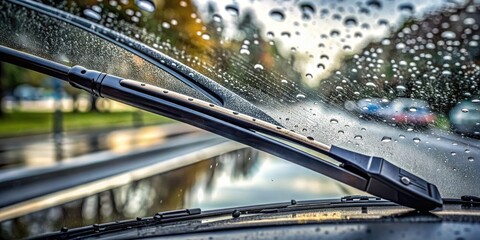 Close-up of new rubber wiper blades sweeping away raindrops on a dirty windshield, leaving a streak-free path on a gloomy day.