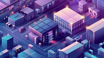Isometric Cityscape with Neon Lights and Futuristic Buildings