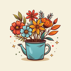 cartoon vector illustration of colorful flowers in an iron coffee mug, t-shirt design