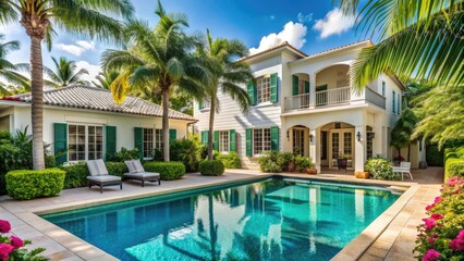 Fototapeta premium Palm trees sway gently beside a bright white stucco house with coral-colored shutters, surrounded by lush greenery and a sparkling turquoise pool in tropical South Florida.