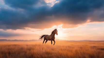Horse rearing up, silhouetted against a stormy sky with dark clouds and distant lightning.