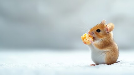 A minimalist drawing of a tiny mouse with a piece of cheese, highlighted against a white background.