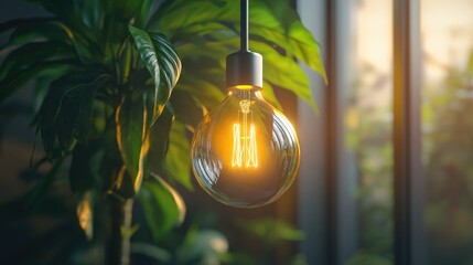 Light Bulb and Plant Ceiling Installation