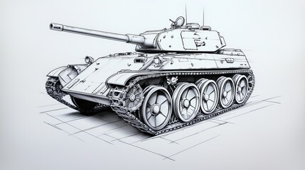 A minimalist ink sketch of a tank, focusing on simple lines and artistic elegance