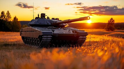 Naklejka premium A serene and tranquil scene of a tank resting in a field during a golden hour, with warm sunlight highlighting its form