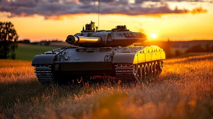 Fototapeta premium A serene and tranquil scene of a tank resting in a field during a golden hour, with warm sunlight highlighting its form