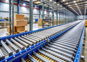 Industrial conveyor system with multiple rows of steel rollers, transporting goods or products through a manufacturing or logistics facility, emphasizing efficiency and automation.