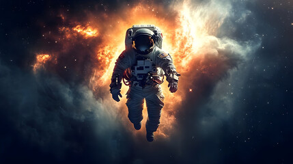 An astronaut floats in a cosmic scene filled with vibrant colors and celestial elements.