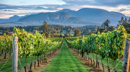 Naklejka premium Sunlit mountain vineyard tranquil landscape with grape vines against clear sky and clouds