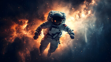 An astronaut floating in space, surrounded by a vibrant cosmic backdrop.
