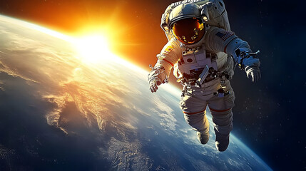 Fototapeta premium Astronaut floating in space with Earth and sunrise in the background.