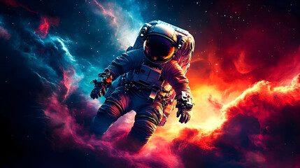 An astronaut floating in a vibrant cosmic scene surrounded by colorful nebulae.