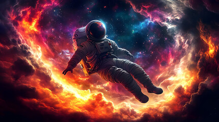 Fototapeta premium An astronaut floats through a vibrant cosmic scene filled with colorful nebulae and stars.
