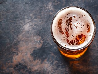 Top View of a Freshly Poured Glass of Foaming Beer on a Wooden Table