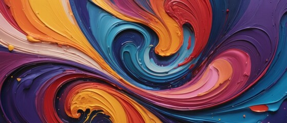 Fototapeta premium Dynamic and vibrant abstract background featuring colorful paint swirls in blue, red, yellow, purple, and pink tones.