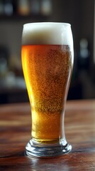 Chilled Amber Beer in a Tall Glass on Wooden Surface