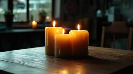 Three lit candles on wood