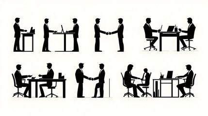 Siluet profesional dalam berbagai interaksi bisnis dan kolaborasi.