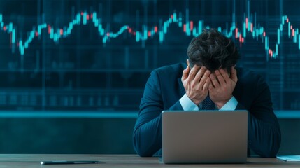 A stressed businessman faces a falling market, illustrating financial struggle and pressure in a corporate environment.