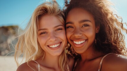 Fototapeta premium Friends smiling on a sunny beach day, enjoying the bright summer together with happiness and joy.