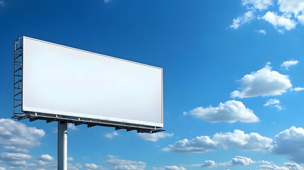 A blank billboard against a blue sky with clouds, awaiting advertisement content.