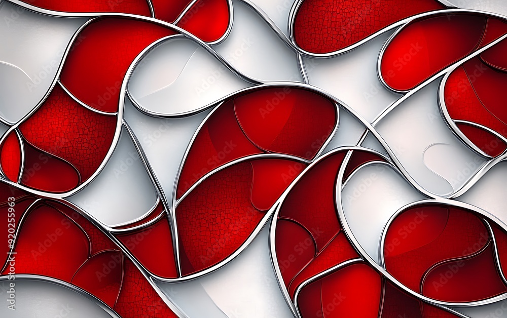 Poster Seamless Red and White Abstract with Intricate Patterns and Metallic Texture
