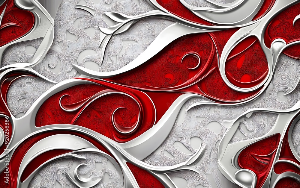 Poster Seamless Red and White Abstract with Intricate Patterns and Metallic Texture