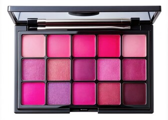 Vibrant pink eyeshadow palette with 12 shimmering shades ranging from soft blush to bold magenta, arranged in a sleek, modern compact case.