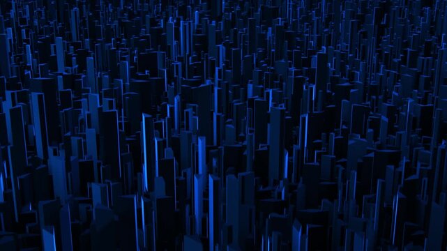 Dark abstract background with plenty of long 3D shapes spinning with soft blue glow reflections on a surface. Futuristic animation of geometric forms in science fiction style. Motion graphics 4K 60fps