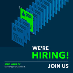 We are hiring post, 3d isometric concept of searching and picking new members. Join our team announcement. Social media template job vacancy recruitment.