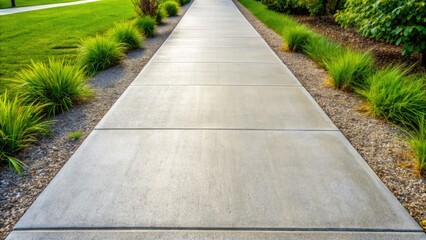Directly above shot of a newly laid concrete path, with clean lines, subtle texture, and faintly visible aggregate, set against a clean background.