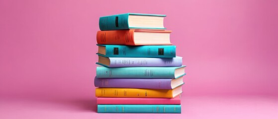 A vibrant arrangement of colorful books and decorative vases on a pastel shelf. Ideal for home decor, interior design, and modern aesthetics.