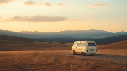 Obraz premium Van Life Sunset Adventure: A white camper van traverses a dusty road leading towards the horizon, bathed in the warm glow of a setting sun. 