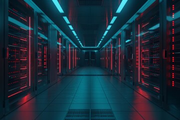 Fototapeta premium A sleek, modern data center showcasing captivating vibrant blue and red neon lighting effects throughout its design