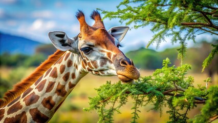 Fototapeta premium A curious giraffe's soft blue-black tongue darts in and out, plucking tender leaves from a thorny acacia tree branch in a serene African savannah setting.